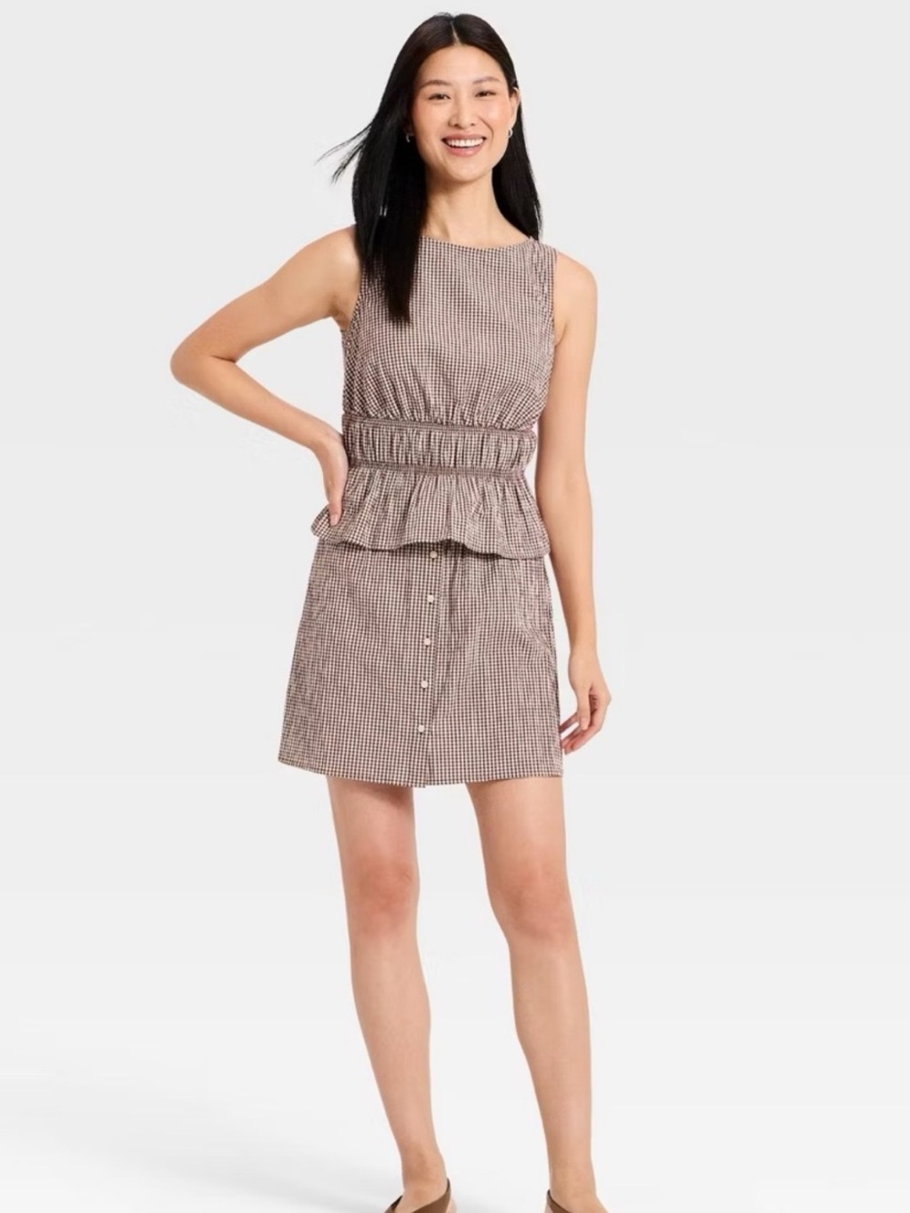 A NEW DAY size MEDIUM Seersucker Brown/White Peplum Hem Top & Skirt NEW!